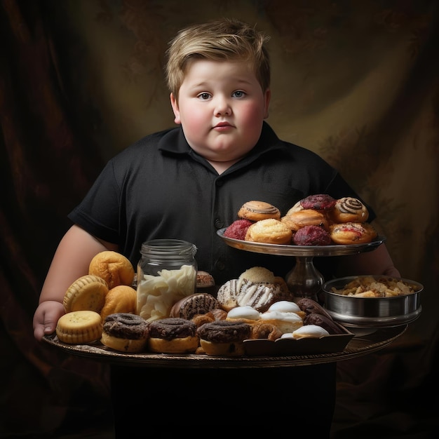 Photo fat boy holding a tray of junk food