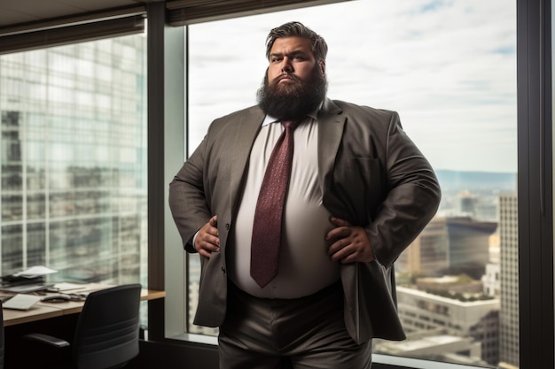 Fat business boss working in high rise office