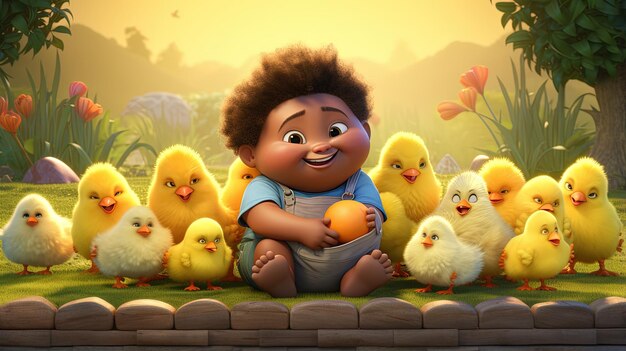 Photo a fat cartoon character sits with a flock of chickens