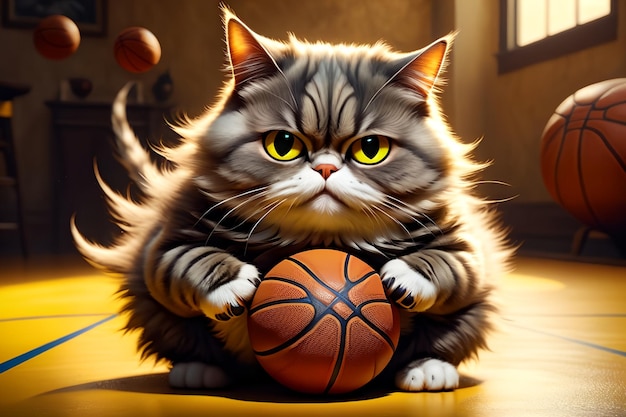 A fat cat goes in for sports plays basketball