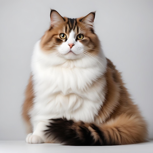 Fat cat sitting on floor with white background