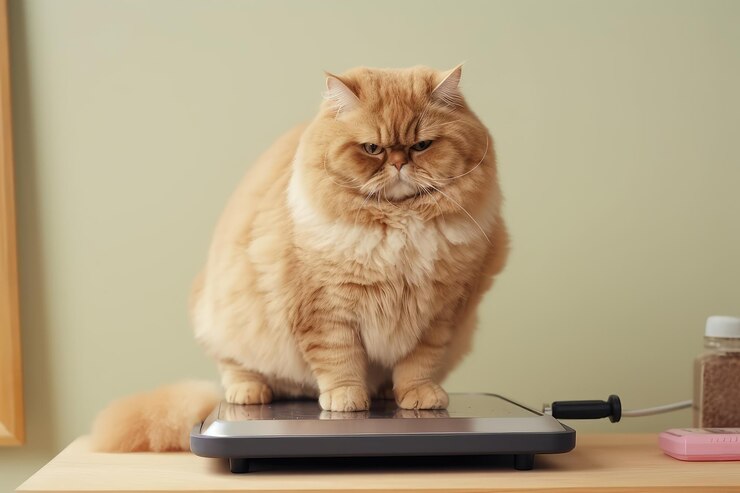 무게에 앉아있는 한 고양이 비만 개념 애완동물 과체중 불만 Fluffy Kitty 매우 은 고양이