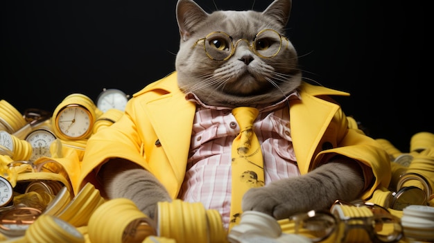 Photo a fat cat wearing a suit and glasses is sitting on a pile of yellow clocks