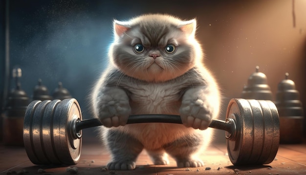 A fat cat with a barbell on his chest