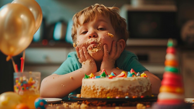 誕生日ケーキを食べている太った子供 選択的な焦点