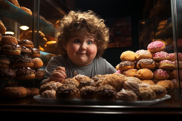 fat child eats lots of sweet donuts