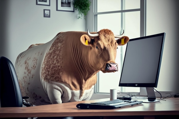 A fat cow is sitting at the office table in front of a computer.