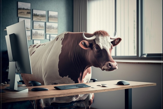 A fat cow is sitting at the office table in front of a computer.