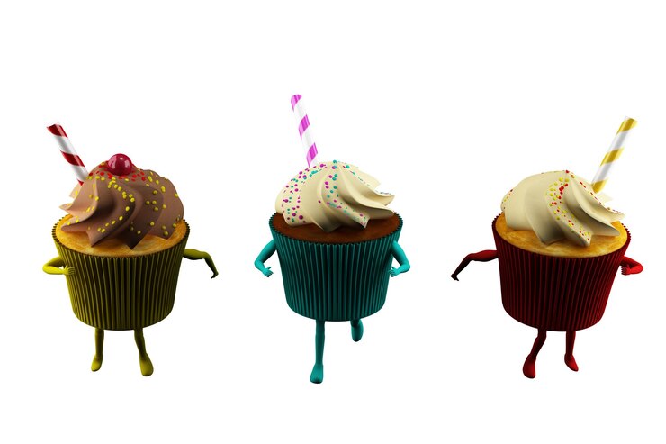 Fat cupcake with cream and candies run with legs and arms 3d rendering