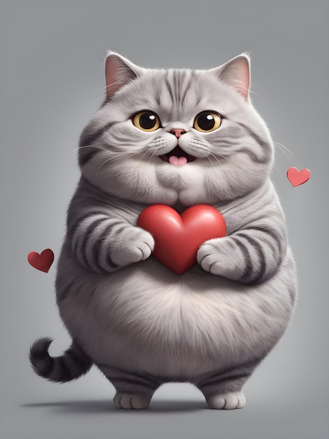 толстый милый кот манчкин держит сердце в лапах на сером фоне