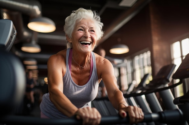 Fat elder woman exercising in gym