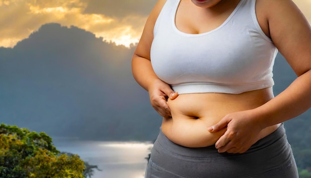 脂肪のある女性セルリットの検査のために肌を握る腹の脂肪をなくす
