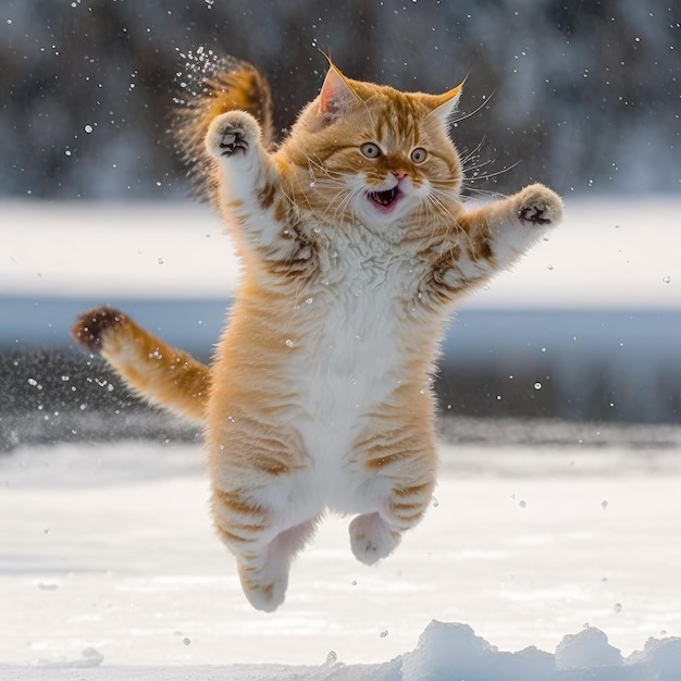 Fat fluffy red cat jumping into the snow Happy cat enjoying winter Generative AI