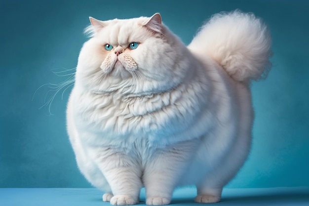 Fat fluffy white persian cat on blue background created with Generative AI technology