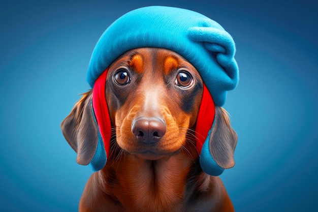 Fat funny dachshund dog in red cap and on blue background generative ai illustration