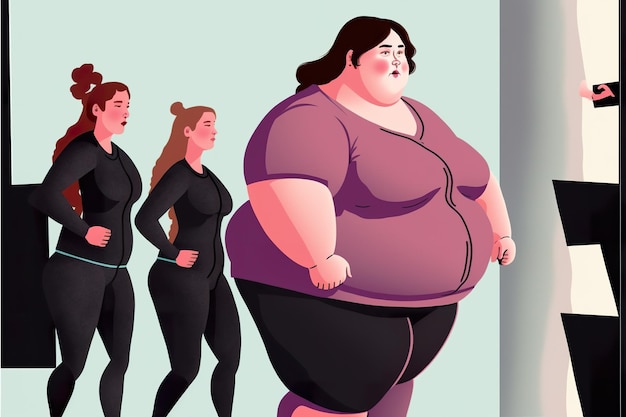 A fat girl looks sadly at the fitness beauties passing