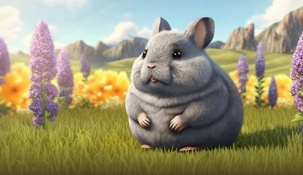 A fat gray rabbit stands in a field with flowers in the background.