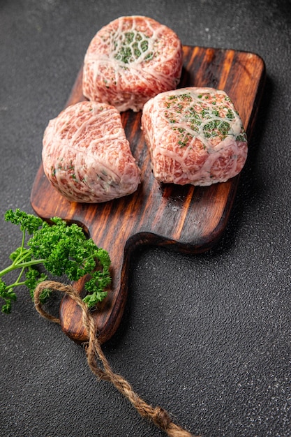 Fat grid cutlets fatty mesh meat pork, beef raw minced meat and\
spices fresh delicious snack