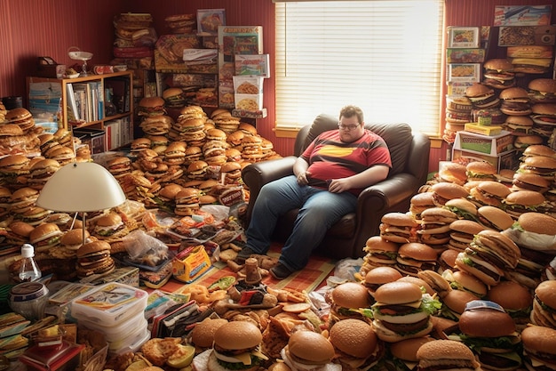 Fat guy sitting on armchair inside a room full of hamburgers and junk food Generative AI