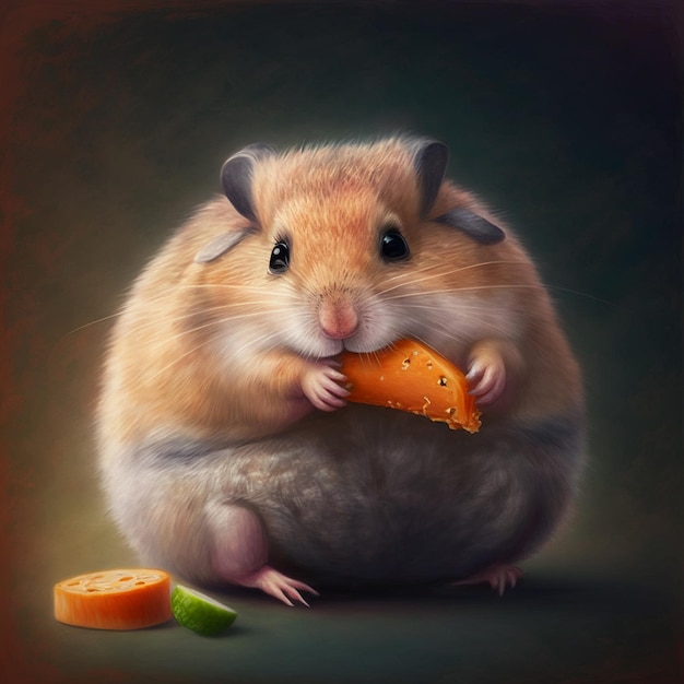 A fat hamster eating a carrot with a brown background.