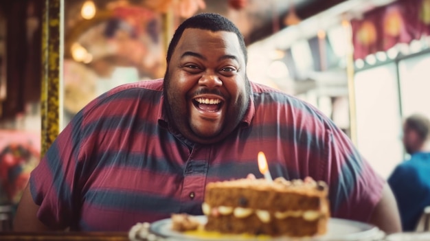 Fat happy black man 30 years old with a cake on cafe