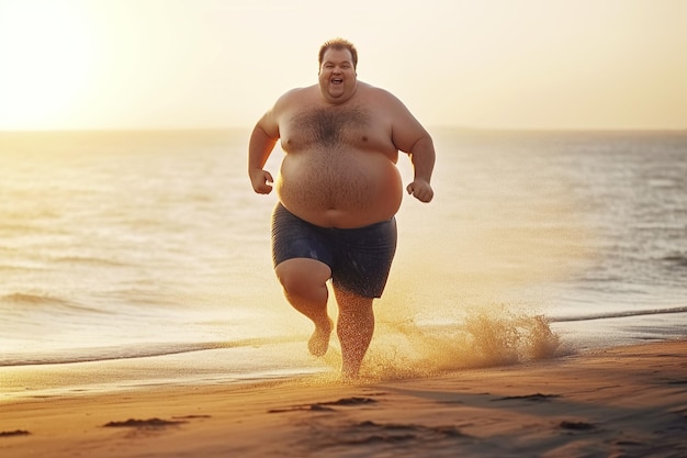 Толстый бегун с ожирением бежит по пляжу у моря Спортивная тренировка для похудения Генеративная иллюстрация AI