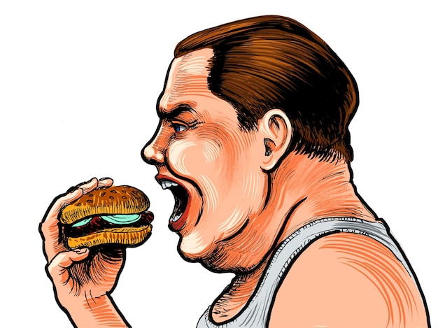 Fat man biting a burger Hand drawn ink on paper and digitally colored on tablet sketch