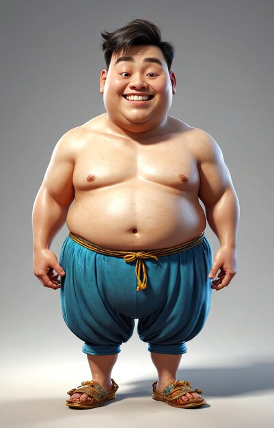 Photo a fat man in a blue pants and sandals