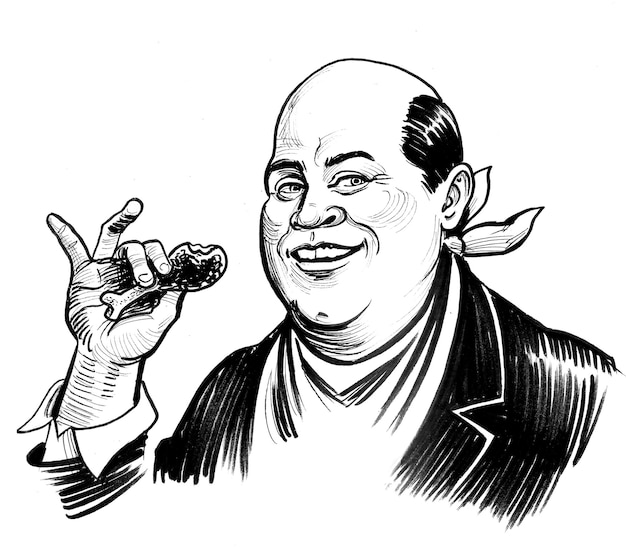 Photo fat man eating a chicken ink black and white drawing