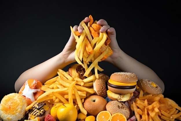 不健康な食べ物を食べる太った男性の生成AI