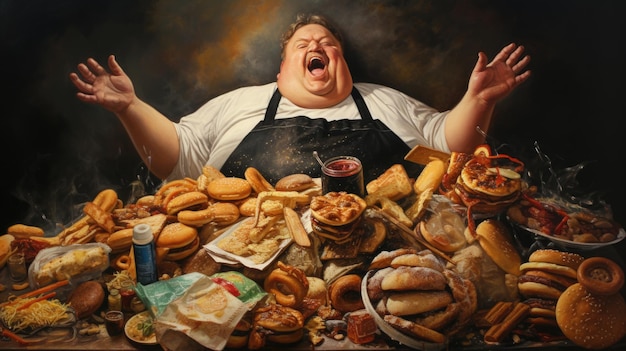 Foto un uomo grasso sta mangiando un sacco di fastfood ai malsano