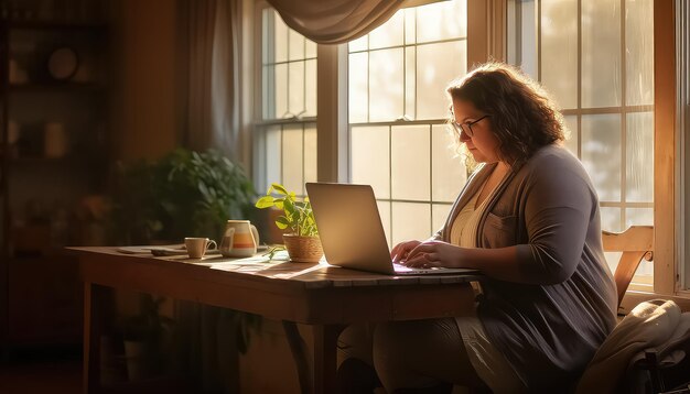 Fat man behind laptop in room