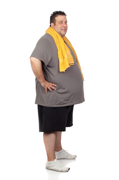 Photo fat man playing sport isolated on a white background