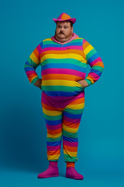 Fat man in rainbow striped outfit standing in front of blue background