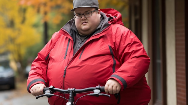 Photo fat man riding bike down street