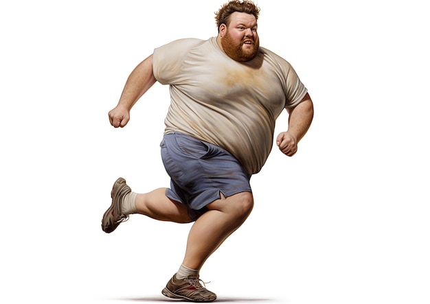 Fat man running big man exercising white background AI generate