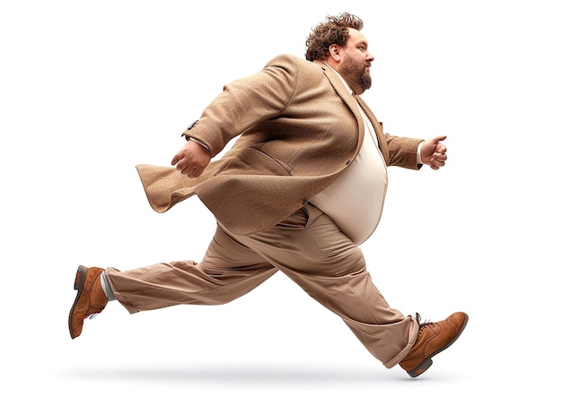 Fat man running big man exercising white background AI generate