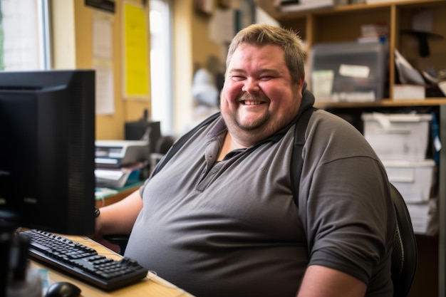 Foto un uomo grasso seduto alla scrivania davanti a un computer