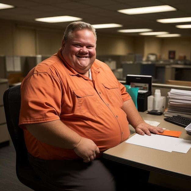 A fat man sitting at a desk in an office