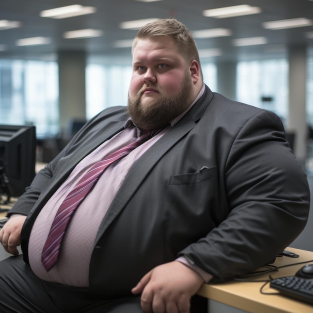 Photo a fat man sitting at a desk in an office