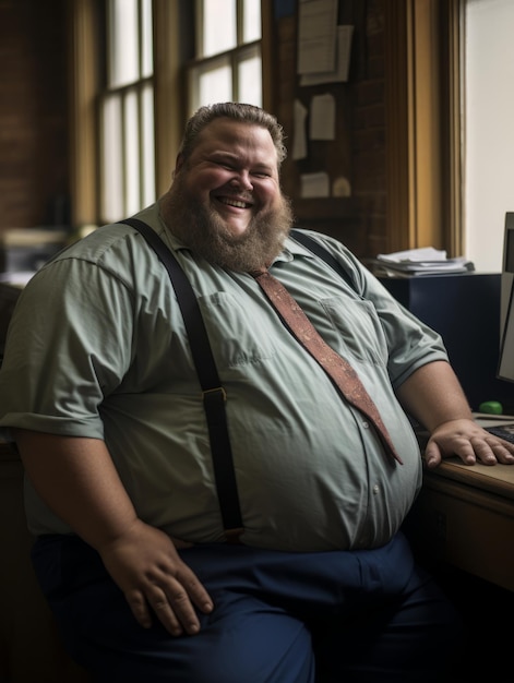 Photo a fat man sitting at a desk