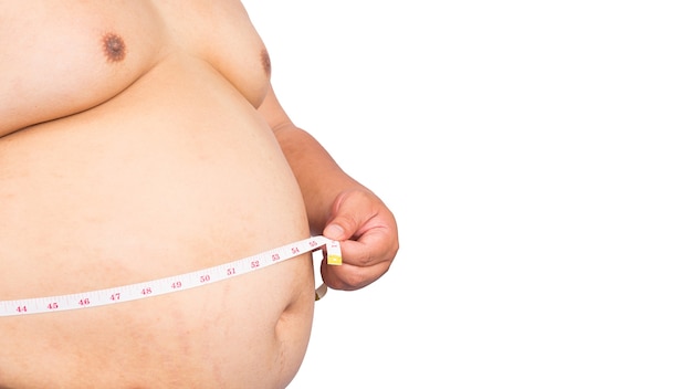 Жирный человек желудок человека с ожирением, изолированные на белом фоне.