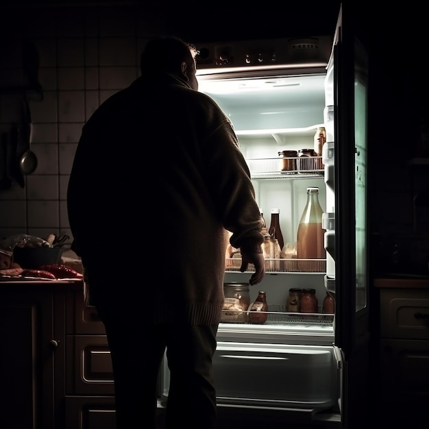 fat man takes out food from the refrigerator at night the concept of proper nutrition and healthy