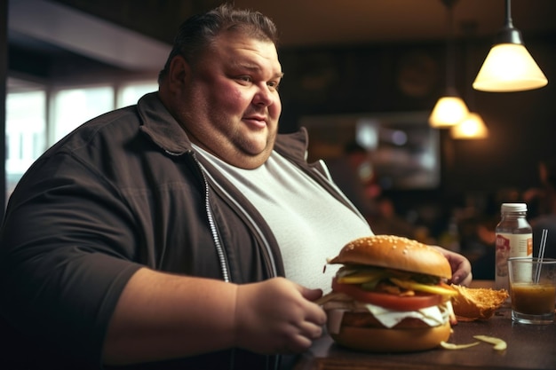 カフェでハンバーガーを食べている太った男