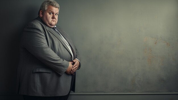 Photo fat obese businessman standing in a grey wall