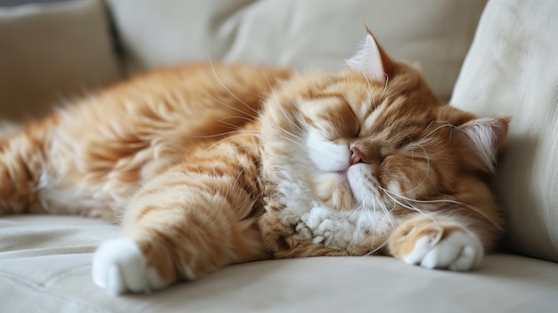 Fat orange cat sleeping on the sofa close up cat