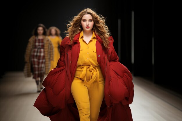 Fat overweight woman walking confidently on catwalk