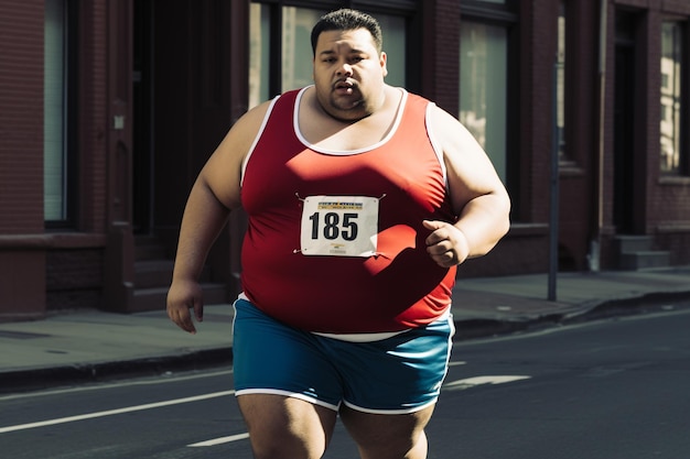 Fat overwieght Man running on the street street