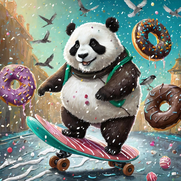 Foto un panda grasso su uno skateboard che piove latte e ciambelle.