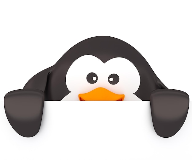 Fat penguin with empty board on white background 3D render